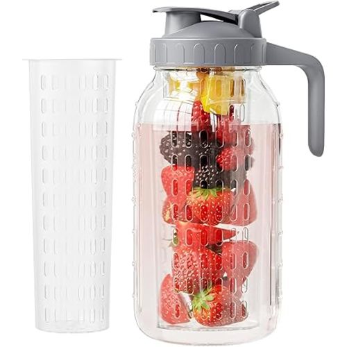JunVpic Glass Mason Jar Pitcher, 64oz (2 Quart) Wide Mouth Jug with Dual Leak-Proof Pour Spout, Handle Lid for Fruit Drinks, Cold Brew Coffee, Ice Beverage, Iced Juice, Lemonade, Sun Tea Container