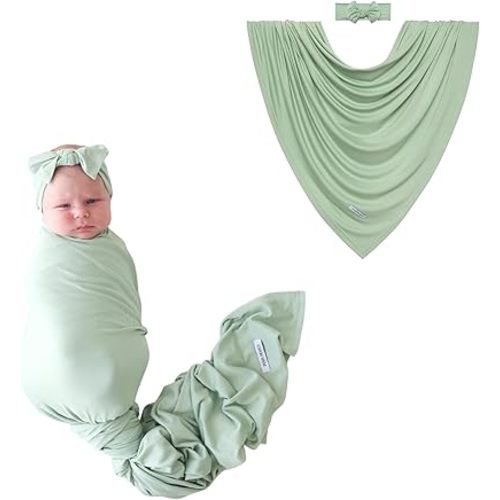Posh Peanut Swaddle Blanket & Headband Set – Viscose from Bamboo Stretchy Baby Swaddle for Newborn Girls, Receiving Blanket or Nursing Cover (Sage)
