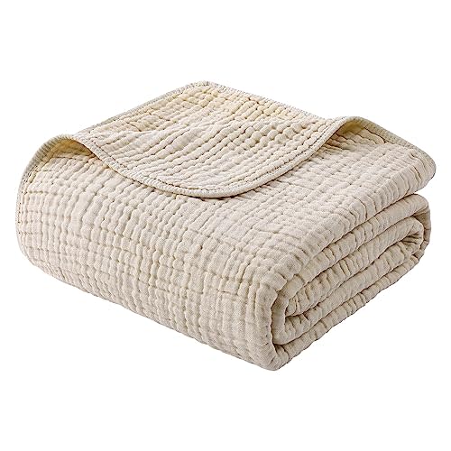 Yoofoss Muslin Blanket 100% Organic Cotton Large Twin Size 60" x 80" for Bed Couch Summer Gauze Blanket for Adults Lightweight and Breathable Apricot White