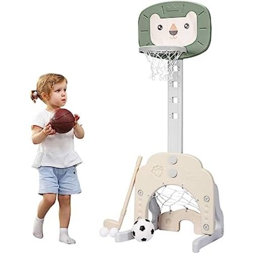 Costzon Kids Basketball Hoop, Toddler Sports Activity Center w/ 5 Adjustable Height Levels, Basketball Soccer Golf Game Set, Indoor Outdoor Basketball Hoop Set Best Gift for Baby Infant Green Lion