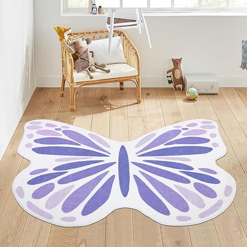 Topotdor Cute Butterfly Kids Rugs for Girls Bedroom, Toddler Nursery Rug Soft Washable Kids Area Rug for Butterfly Living Room Playroom Decor, Purple 35 x 43 inch