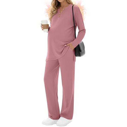 2 Piece Thermal Maternity Lounge Set Postpartum Pregnancy Fleece Loungewear Long Sleeve Top and Wide Leg Pant