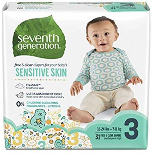 Seventh Generation Baby Diapers, Free & Clear for Sensitive Skin with Animal Prints, Size 3, 124 Count (Packaging May Vary)