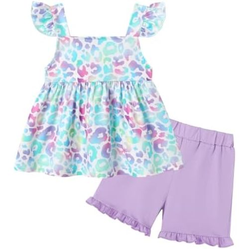 YUEMION Toddler Girl Clothes, 2Pcs Baby Girl Summer Outfits Ruffle Sleeveless Shirts Floral Tops + Shorts Clothing Set 1-5T