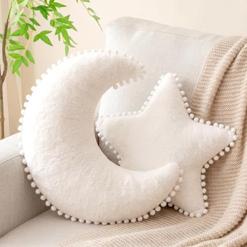 Jetec 2 Pieces Star Pillow Moon Shaped Pillow Creative Star Moon Plush Pillows Soft Decorative Nursery Pillow Set for Kids Girls Boys Birthday Baby Shower (White)