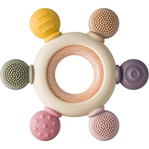 Baby Teething Toys Silicone Teethers BPA Free Silicone Rudder with Wooden Ring Soothe Babies Gums (Khaki)