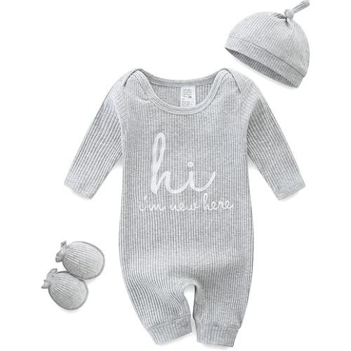 Baby Romper with Baby Mittens & Newborn Hats Footless Long Sleeve Solid Onesie Hi Im New Here