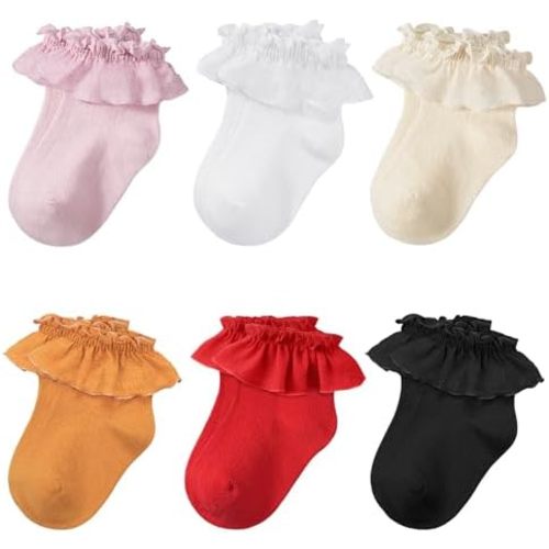Witwot 6 Pairs Toddler Ruffle Socks Baby Girls Frilly Lace Socks Kids Ankle Dress Socks 1t -8 Years