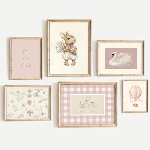 Girl Nursery Wall Art Vintage Pink Bunny Canvas Wall Decor Baby Girl Room Poster Nursery Animal Floral Prints Cute Rabbit Picture Kids Swan Flower Painting Artwork for Bedroom 8x10 Inch Unframed 6pcs