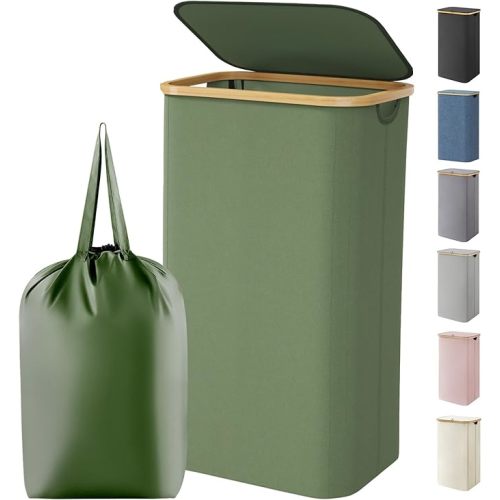 Lifewit 100L Laundry Basket with Lid, Clothes Hampers for Laundry with Bamboo Handles and 1 Removable Bag, Large Foldable Laundry Hamper for Bedroom, Bathroom, Dorm, Laundry Room, Green