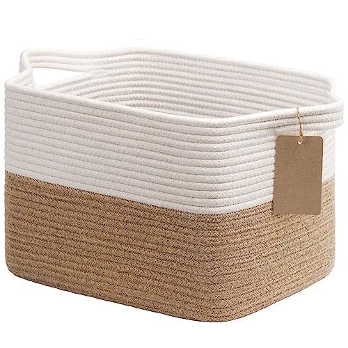 Goodpick Woven Rope Storage Basket for Shelves, Rectangle, Jute | 13" × 10" × 9" Stylish Gift Basket for Bedroom & Living Room Organization, Fits Toys & Pet Supplies Storage, Writable Label