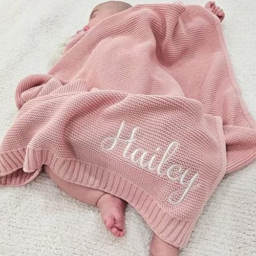 Embroidered Baby Blanket, Personalized Baby Blanket, Custom Knit, Gifts for Boy, Cozy Soft Cotton Knit Custom Name, Newborn Gifts, Birthday, Christmas, 4
