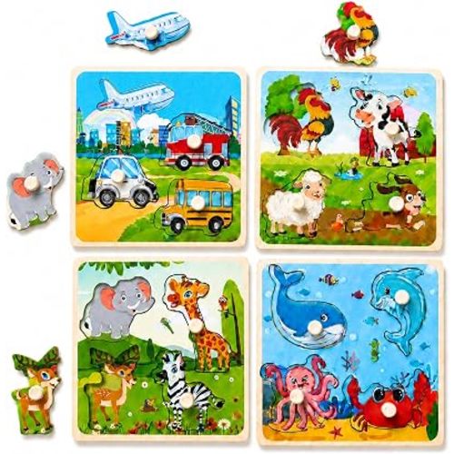Wooden Peg Puzzle Set for Toddlers, 4 Pack Animal Vehicle Ocean Farm Puzzles, Montessori Wooden Puzzles for Ages 2-4, Preschool Learning Toys for Fine Motor Skills, Gifts for Boys Girls 1 2 3 4