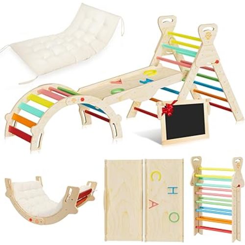 Pikler Triangle 8-in-1 Foldable Montessori Climbing Set for Toddlers – Wooden Jungle Gym with Slide, Arch Ladder, Ramp & Chalkboard – Safe, Space-Saving Baby Activity Climber（ Rainbow）
