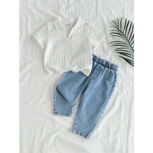 SHEIN Vintaside Kids Baby Boy Summer Versatile Casual Lapel Short Sleeve Simple Top Paired With Fashionable Washed Denim Pants Set, Suitable For Daily Wear, Family Camping, Dining Or Shopping | SHEIN USA