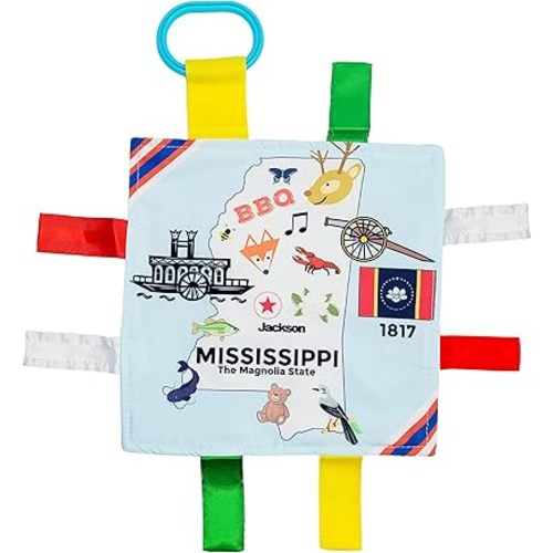 Baby Jack & Co 8x8” Learning Lovey Mississippi State Tag Stroller Toy for Babies - Crinkle Toys for Developing Five Senses - Learn About Capitals - Travel with Baby Jack - BPA Free Clip