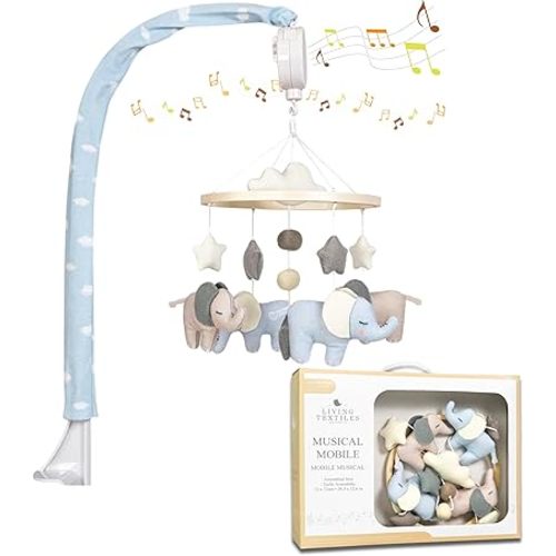 Living Textiles Baby Crib Cot Mobile Musical Toy - Calming Soother,Infant Safe Materials - Nursery Decor w/Music & Knitted Animal Characters for Infant, Newborn(Elephant Playtime)