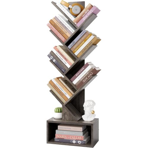 Hoctieon 6 Tier Tree Bookshelf, Tall Bookcase with Drawer, Freestanding Book Shelf, Display Floor Standing Storage Shelf, Book Organizer Shelves for Home Office, Living Room, Bedroom, Grey