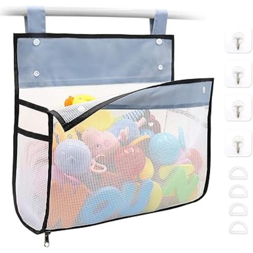 Bath Toy Organizer Multiple Ways to Hang, Extra Large Opening Bathroom Toy Holder, Bottom Zipper Bathtub Toy Storage Bag (Black)