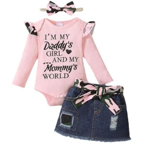 Kucnuzki Baby Girl Clothes Newborn Baby Girl Outfit Long Sleeve Romper Jean Denim Skirt Set Infant Baby Clothe for Girls