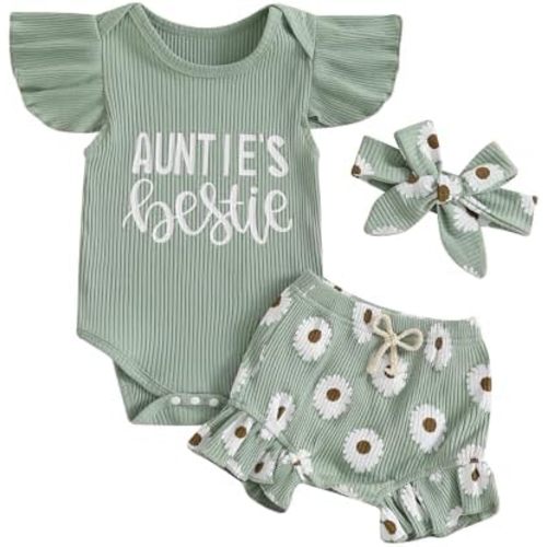 Aunties Bestie Clothes Girl Newborn 0 3 6 12 18 Months Summer Outfit Fly Sleeeve Romper Daisy Shorts Headband Set