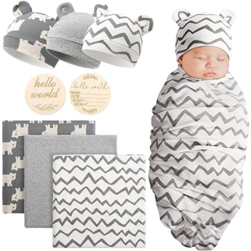 DRESHOW BQUBO Cotton Baby Swaddle Hat Set Newborn Infant Receiving Blankets with Bear Ears Hat Wooden Birth Announcement Card Newborn Unisex Swaddle Wrap Sets Warm Shower Gift