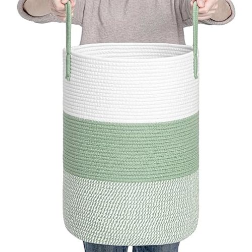 CLHMILY&Z 40L Laundry Basket Round Storage Rope Basket - 13x18 Inches - Green Hamper in Bedreoom and Cute Storage Bin for Blankets, Toys, and Nursery Essentials