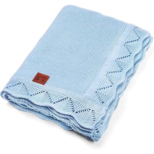 Heirloom Lace Blanket for Baby - 100% Luxury Soft Cotton Knit Warm Cozy Cuddle Stroller Crib Blanket for Newborns, Infants, & Toddlers (Baby Blue)