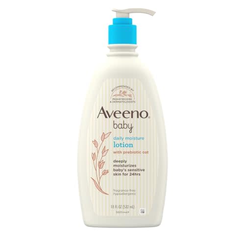 Aveeno Baby Daily Moisture Body Lotion, Fragrance Free, 18 fl. oz | Prebiotic Oatmeal Baby Lotion, Deeply Moisturizes Sensitive Skin, Hypoallergenic, No Added Parabens