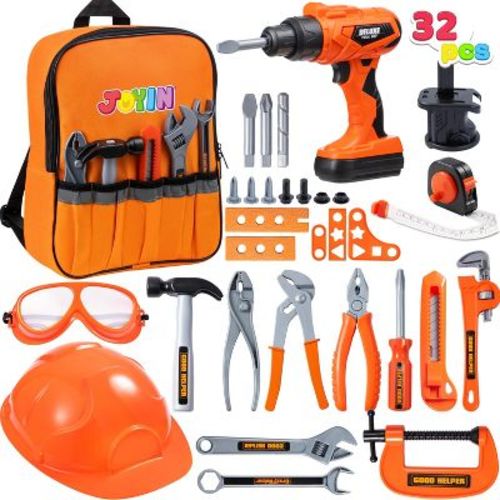 Joyfy 32PCS Kids Tool Set with Electronic Drill & Backpack, Pretend Play Toys for Toddlers Halloween Dress Up, Party Favors for Boys & Girls