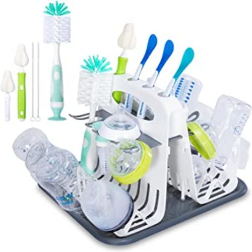 CAREBABYMORE High Capacity Drying Rack with 5pcs Brushes, Deluxe Countertop Drying Rack, Universal Drying Station, Baby Bottle Drying Rack with Bottle Brushes, Cup and Bottle Drying Rack, White