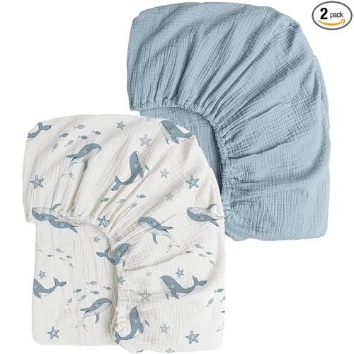 Konssy Muslin Crib Sheets 2 PCS, 100% Cotton Baby Crib Sheets for Standard Crib Mattress (28"x 52"), Soft and Breathable for Boys, Girls (Blue Whale,Blue)