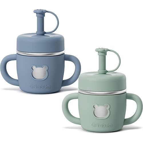 Fimibuke Sippy Cups for Toddlers, 10 OZ Spill Proof Kids Cup, Leak Proof Stainless Steel Tumbler with Handle, Silicone Straw & Sleeve, BPA Free Dishwasher Safe Girl Boy Kids Water Bottle, 2 Packs