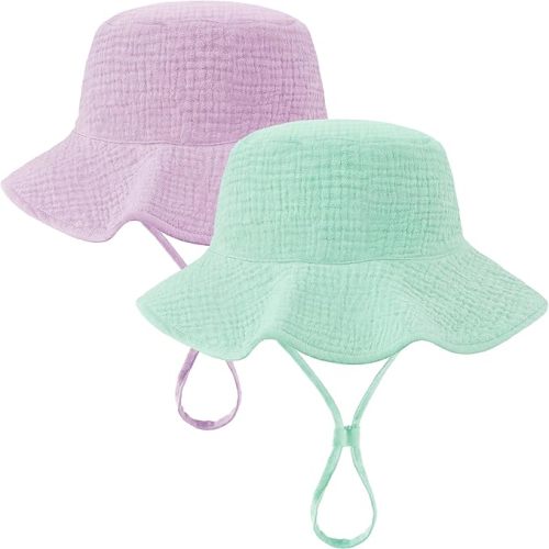 2 Pack Muslin Baby Sun Hat UPF 50+ Sun Protection Baby Bucket Hat with Wide Brim Beach Hats for Boys Girls
