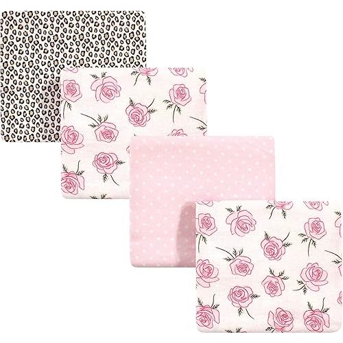 Little Treasure Unisex Baby Cotton Flannel Receiving Blankets, Rose Leopard 4-Pack, One Size