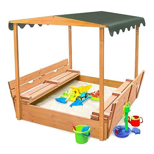 Badger Basket Cedar Sandbox for Kids with UV Canopy & Folding Benches - Outdoor Wooden Sandbox with Lid and Built In Seating - Durable Backyard Playset for Shaded Outdoor Fun - (46.5 x 46.5 x 57)