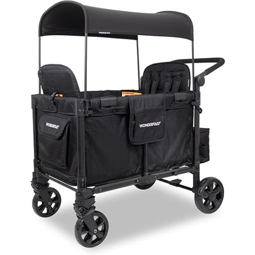 WONDERFOLD W4 Elite Pro Stroller Wagon (4 Seater) - Wagon Stroller with 5-Point Harnesses, Adjustable Push Handle, and Adjustable Sun Canopy - Safety Certified, Jet Black
