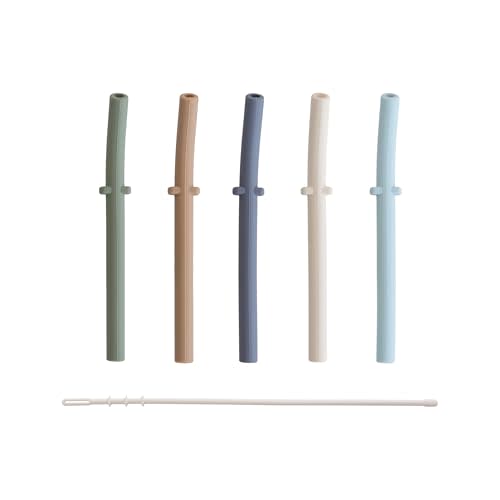 mushie Silicone Replacement Straws for Babies 6 months+ | 5 Pack | 4.75" Long with Cleaning Brush (Forest)