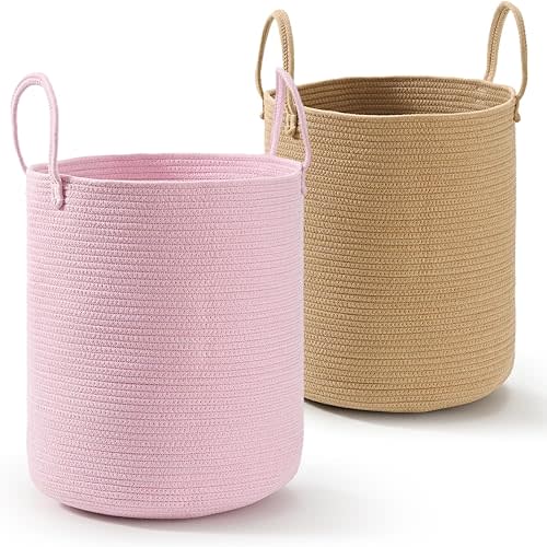 2-Pack Large Cotton Rope Laundry Baskets – 15"x18" Extra Tall Baby Nursery Hampers for Dirty Clothes, Blankets, Toys & Storage, Large Boo Baskets for Halloween