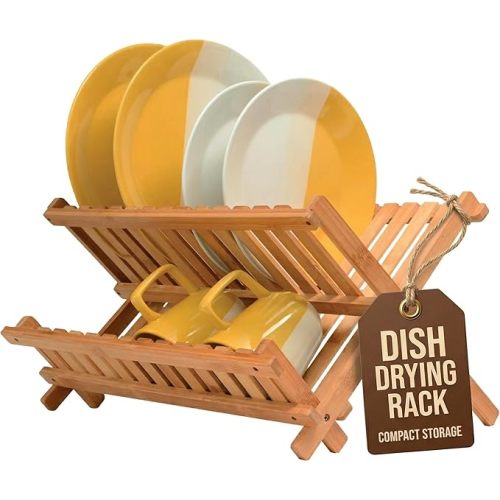Bambüsi Collapsible Dish Drying Rack - 2 Tier Bamboo Dish Rack Dish Drainer for Kitchen Counter, Foldable Wooden Drying Rack for Plates Cups Bowls Utensils, No Assembly Folding Rack for Apartment, RV