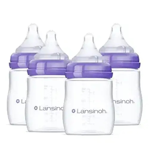 Lansinoh Anti-Colic Baby Bottles for Breastfeeding Babies, 5 Ounces, 4 Count, Includes 4 Slow Flow Nipples, Size S