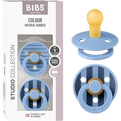 BIBS Pacifiers - Studio 2 Pack | Round Nipple Baby Pacifier | BPA Free Natural Rubber Latex Soother | Made in Denmark | Size 0+ Months | Pin Sky Blue