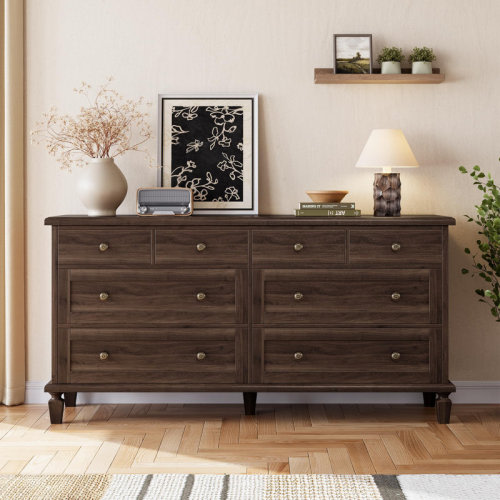 August Grove® 59" Wide Vintage 8 Drawer Wood Dresser with Carved Handles & Tapered Legs for Bedroom | Wayfair