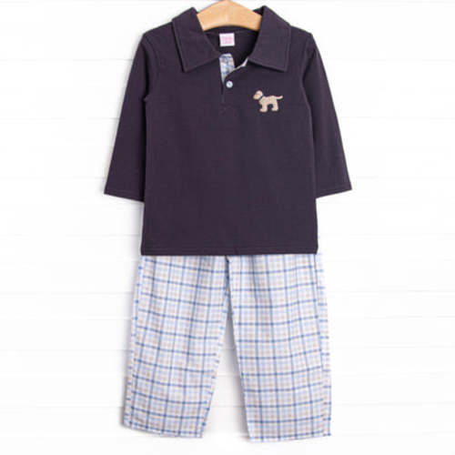 Poised Plaid Pup Embroidered Pant Set, Blue – Stitchy Fish