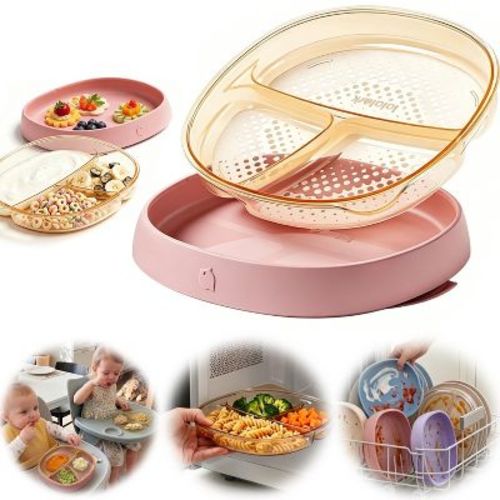 lalalark 2PCS Baby Divided Dishes Plates with Suction Base for 0-3 Years Old Toddler BPA Free Non-Toxic PPSU Food Grade Silicone Microwave Rose Clay