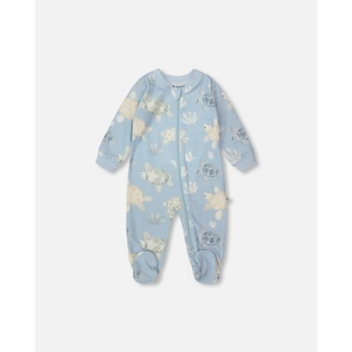 Deux par Deux Boy Organic Cotton Jersey One-Piece Pyjama Blue Turtle Print - 6 Months