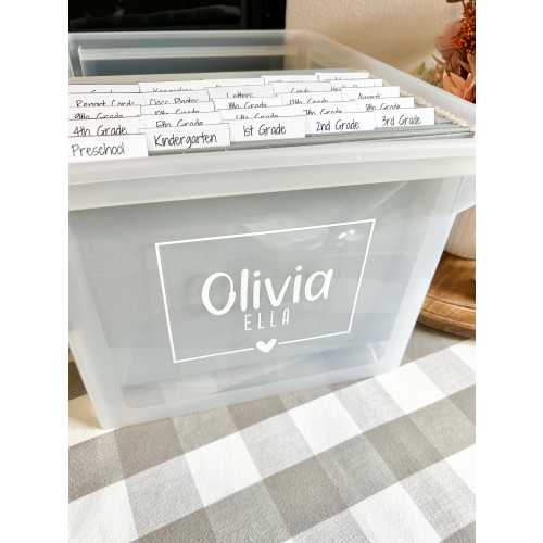 Storage File Box Kit DIY for Kids School Art and Memory Box, Personalized Name Label, Printed Cardstock File Tabs, Yearly Interview Sheets