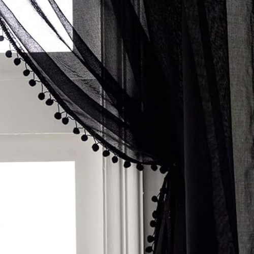 MISS SELECTEX Linen Look Pom Pom Tasseled Sheer Curtains - Rod Pocket Voile Semi-Sheer Curtains for Living and Bedroom, Set of 2 Curtain Panels (52 x 63 inch, Black)