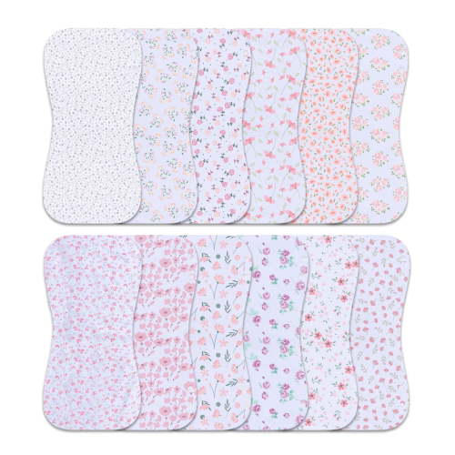 12-Pack 2-in-1 Baby Bibs & Burp Cloths Set, 3-Layer Design, Large Size, Super Absorbent, 100% Organic Cotton, Soft & Comfortable, Pink Floral for Girls