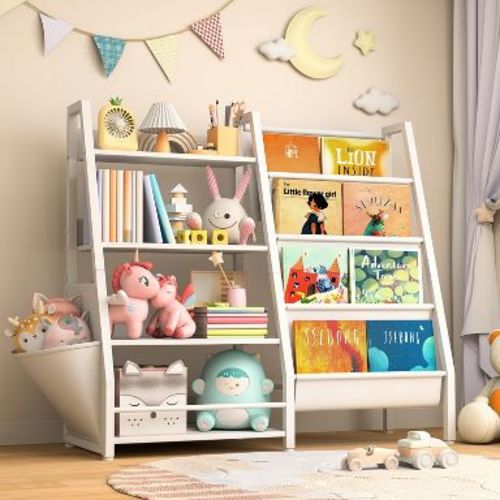 FONTOI 30.9"H Metal Kids Bookshelf with Extra Pocket, 4 Tier Toddler Bookshelf and Toy Storage Organizer for Kids Room, Bedroom, Playroom and Nursery